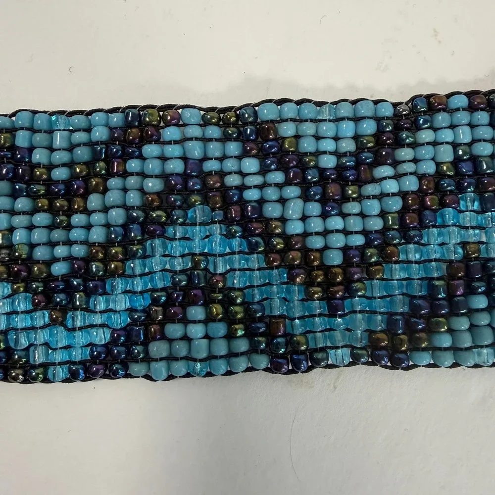 Beaded Elastic Stretch Waist Belt Blue Wood Buckle Festival Boho Artisan